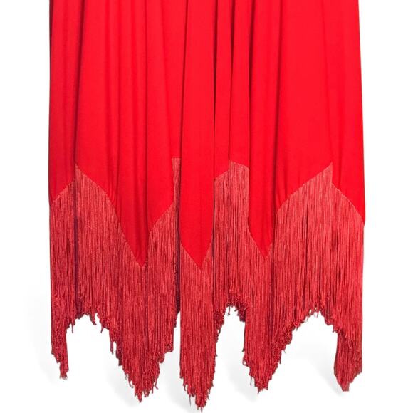 Vintage 80s Pat Richards Red Fringe Hem Cowl Back Ruched Waist Dress Size 10 USA - Picture 7 of 12